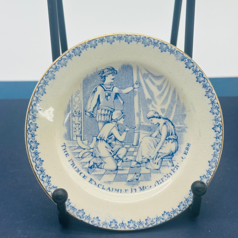 Antique Blue White Transferware Plate Cinderella 4" English Porcelain